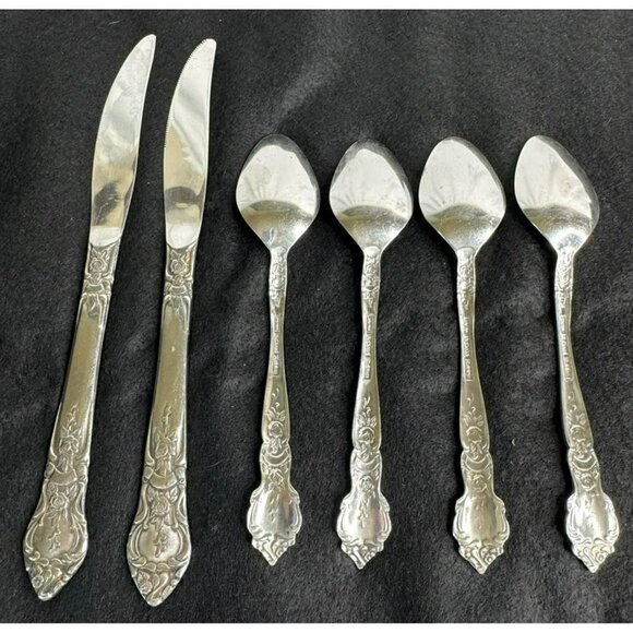 Vintage National Stainless Rose and Leaf Japan Flatware Set 2 Knives 4 Teaspoons - Picture 8 of 12
